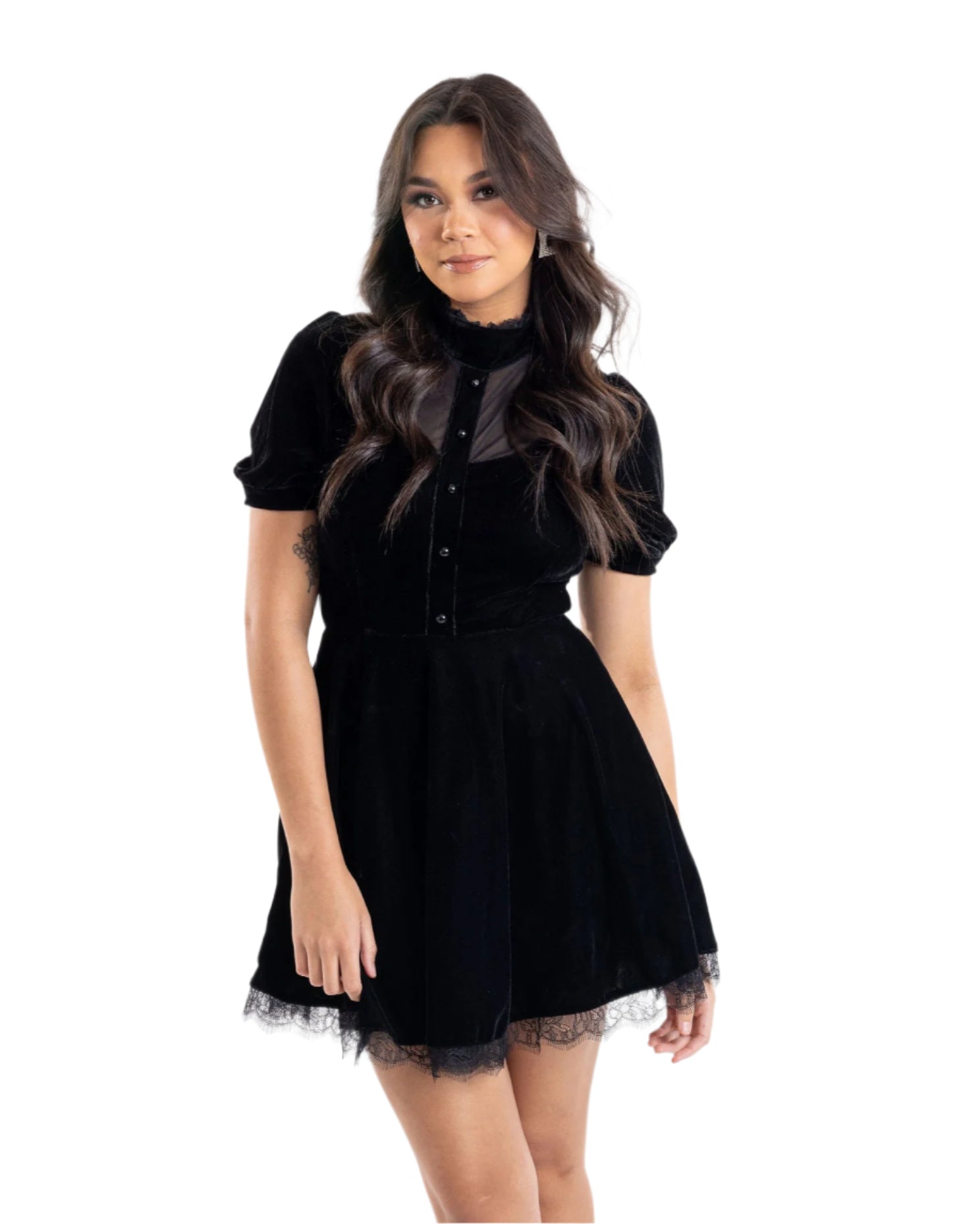 Olivia Noire Fashion short sleeve gothic dress for women in black velvet with lace trim and button-up front