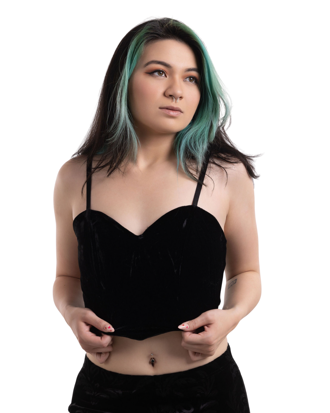 Olivia Noire gothic velvet cami worn by woman with green hair and black velvet pants