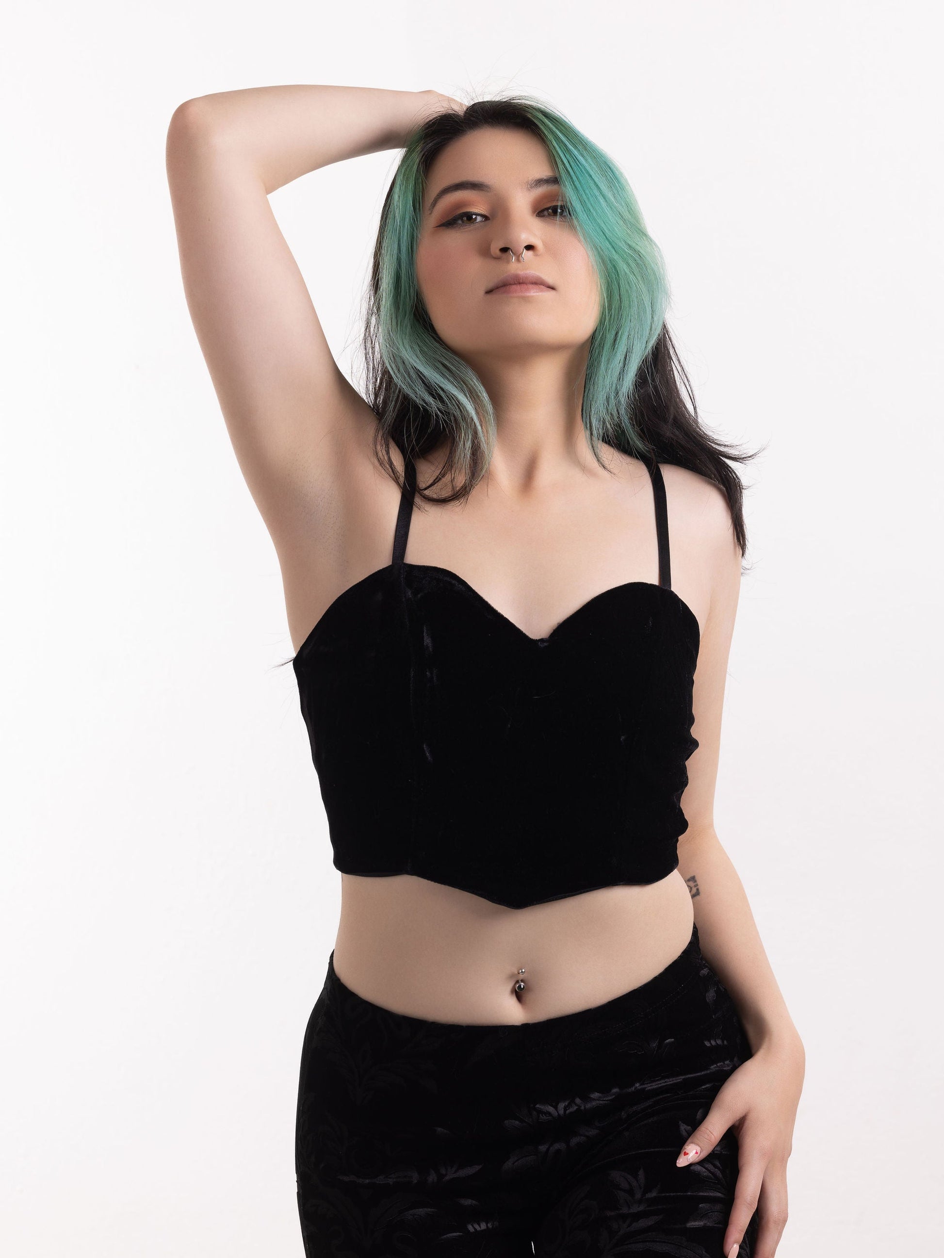 Olivia Noire black gothic velvet cami with thin straps worn by model with green hair