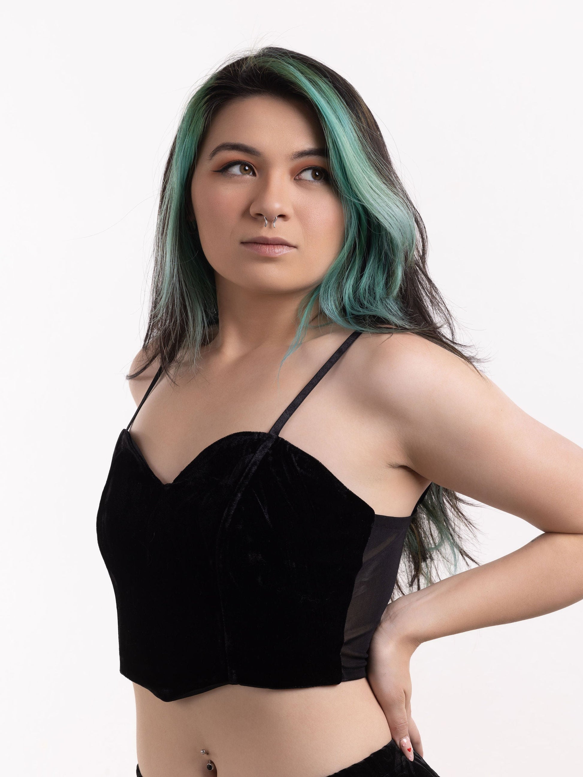 Olivia Noire gothic velvet cami in black with thin straps worn by model with green hair